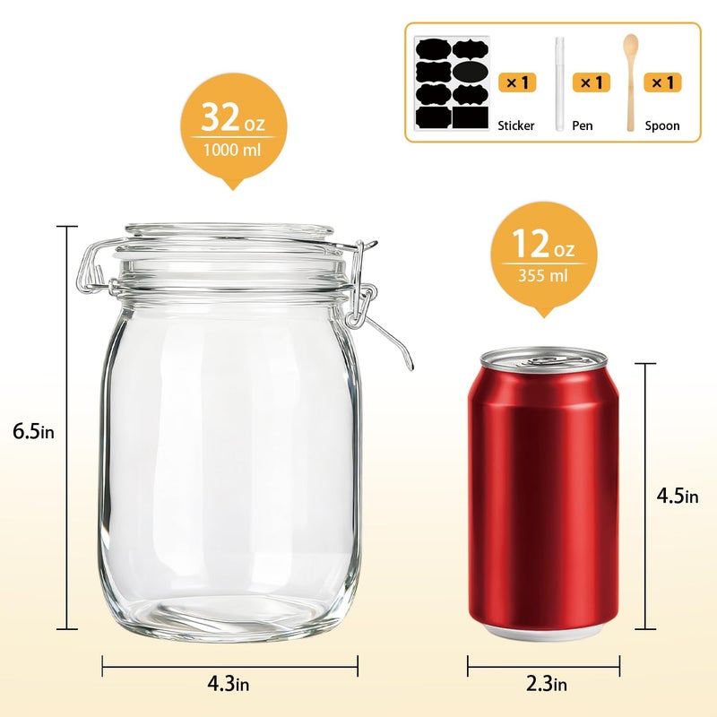 Flrolove Glass Kitchen Storage Canister Mason Jars with Lids,32oz Airtight Glass Canister with Hinged Lidï¼ŒPerfect for Kitchen Canning Cereal,Pasta,Sugar,Beans (Labels & Chalk Marker)-Set of 4 - Image 2